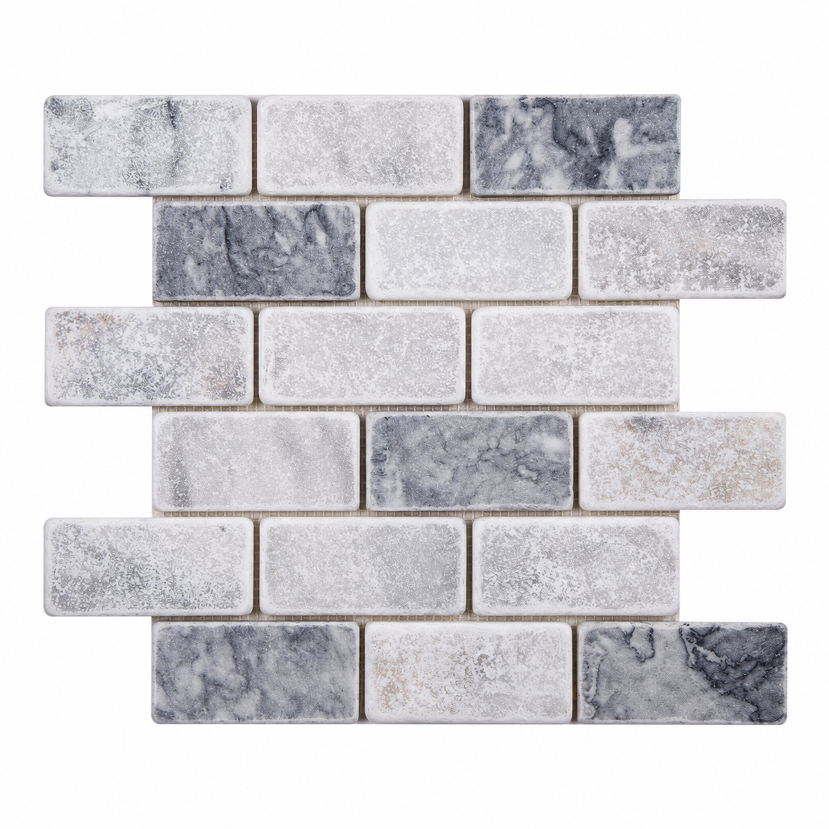 Carrara White - Platinum Grey Tumbled Marble Brick Mosaic Tiles — full mesh-backed sheet on a white background