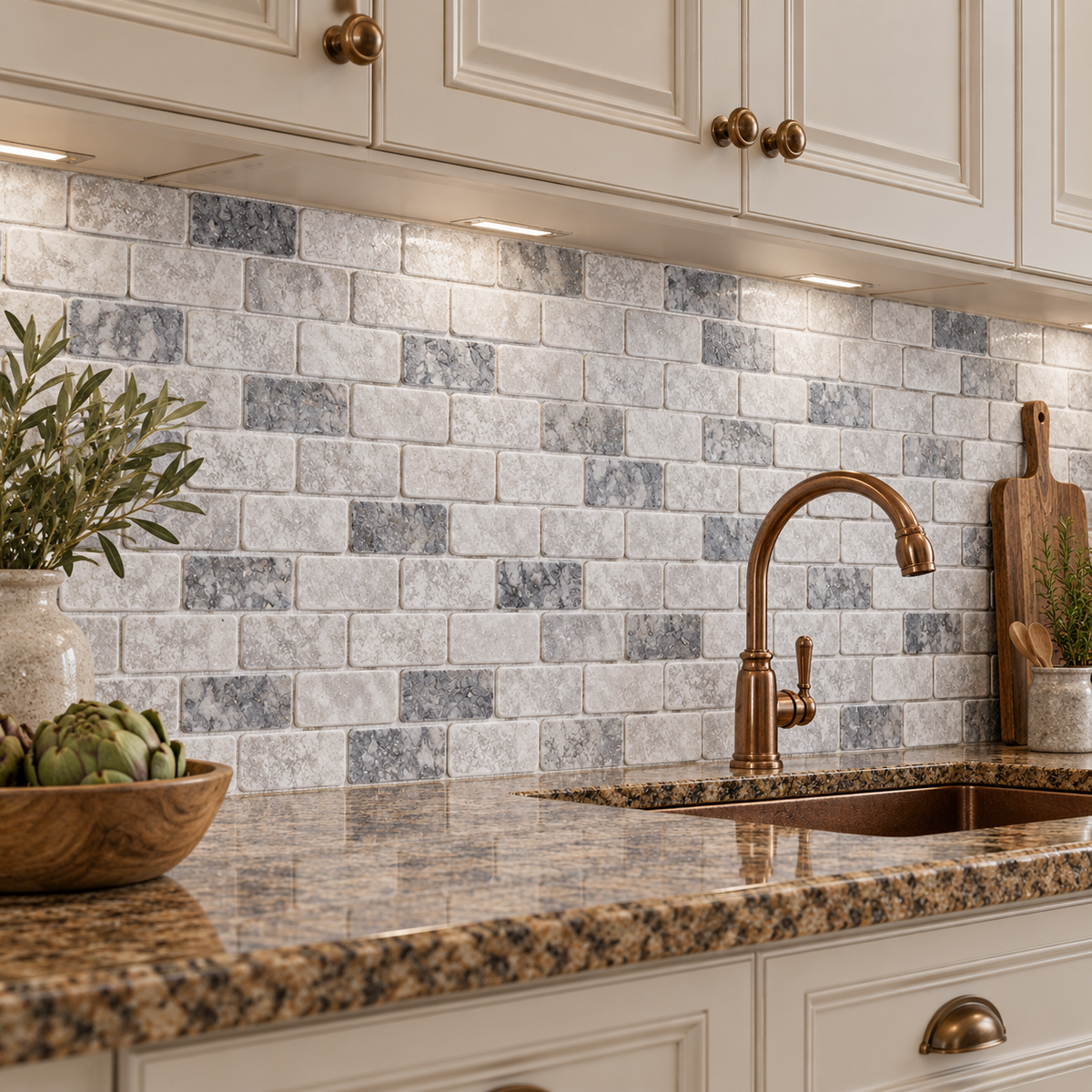 Carrara White - Platinum Grey Tumbled Marble Brick Mosaic Tiles — installed as a kitchen splashback