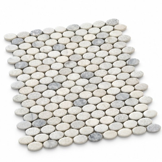Carrara White - Platinum Grey Tumbled Marble Ellipse Mosaic Tiles — angled sheet showing 10 mm marble edges and mesh backing