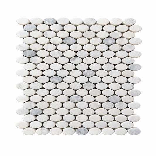 Carrara White - Platinum Grey Tumbled Marble Ellipse Mosaic Tiles — full mesh-backed sheet on a white background
