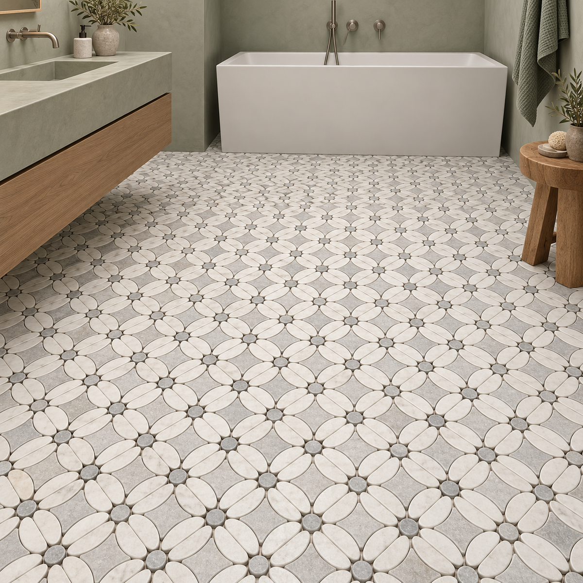 Carrara White- Platinum Grey Tumbled Marble Flower Mosaic Tiles — installed as bathroom mosaic flooring