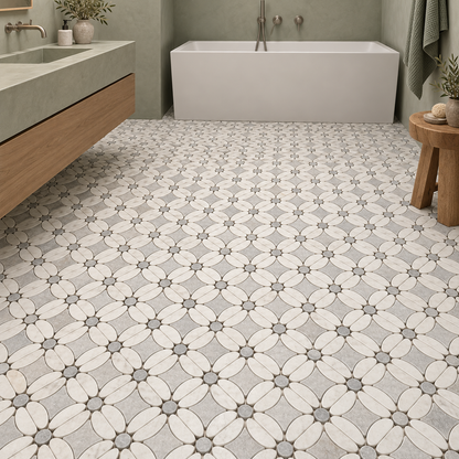 Carrara White- Platinum Grey Tumbled Marble Flower Mosaic Tiles — installed as bathroom mosaic flooring