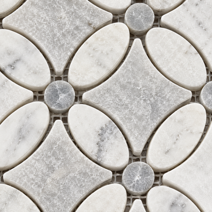 Carrara White- Platinum Grey Tumbled Marble Flower Mosaic Tiles — macro close-up of natural marble texture, finish and mosaic chip detail