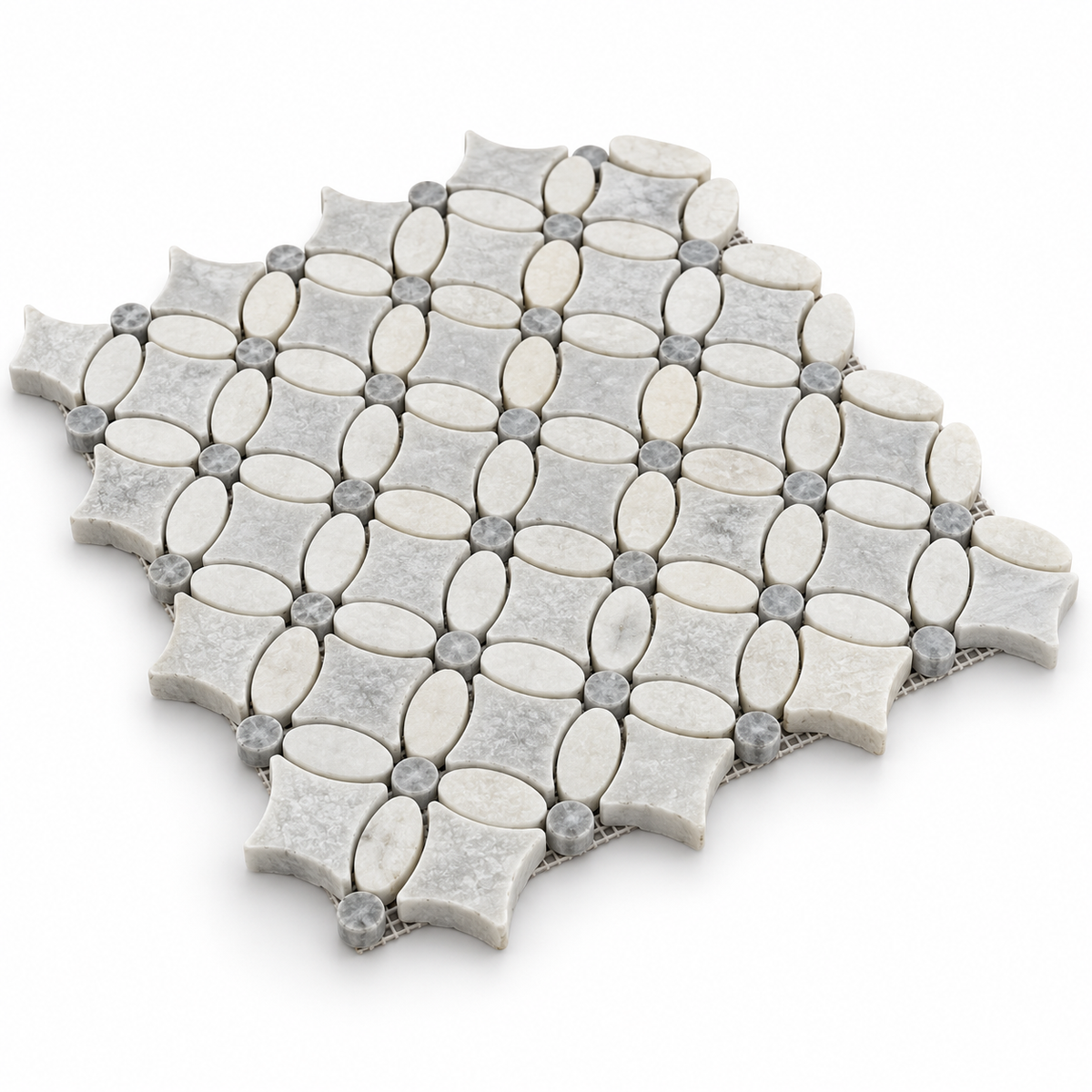 Carrara White- Platinum Grey Tumbled Marble Flower Mosaic Tiles — angled sheet showing 10 mm marble edges and mesh backing