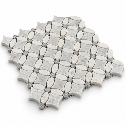 Carrara White- Platinum Grey Tumbled Marble Flower Mosaic Tiles — angled sheet showing 10 mm marble edges and mesh backing