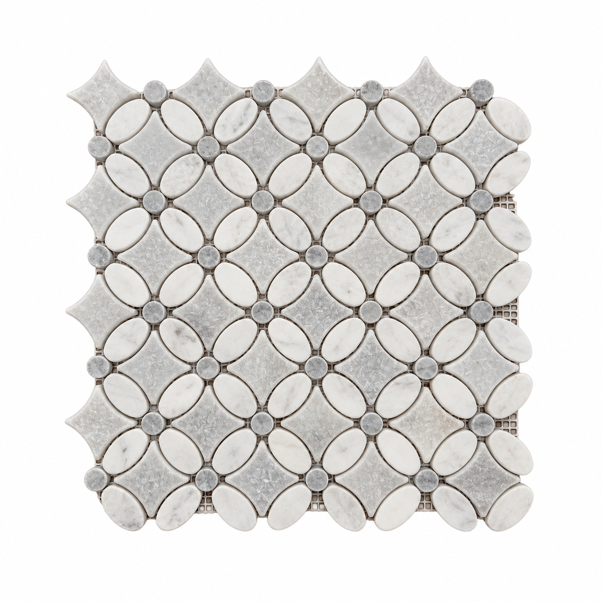 Carrara White- Platinum Grey Tumbled Marble Flower Mosaic Tiles — full mesh-backed sheet on a white background