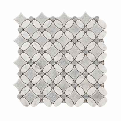 Carrara White- Platinum Grey Tumbled Marble Flower Mosaic Tiles — full mesh-backed sheet on a white background