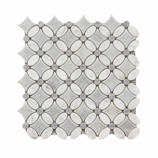 Carrara White- Platinum Grey Tumbled Marble Flower Mosaic Tiles — full mesh-backed sheet on a white background