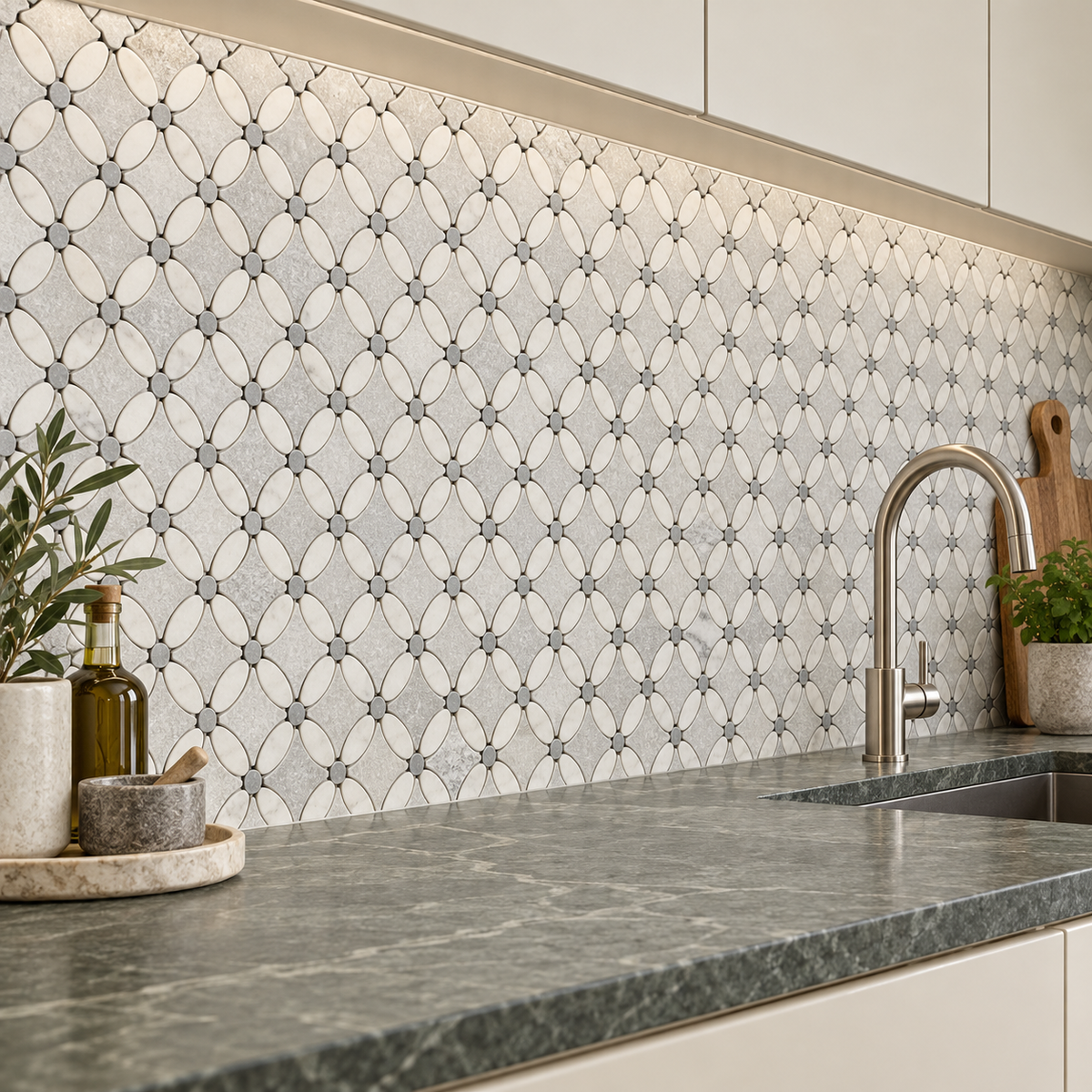 Carrara White- Platinum Grey Tumbled Marble Flower Mosaic Tiles — installed as a kitchen mosaic splashback