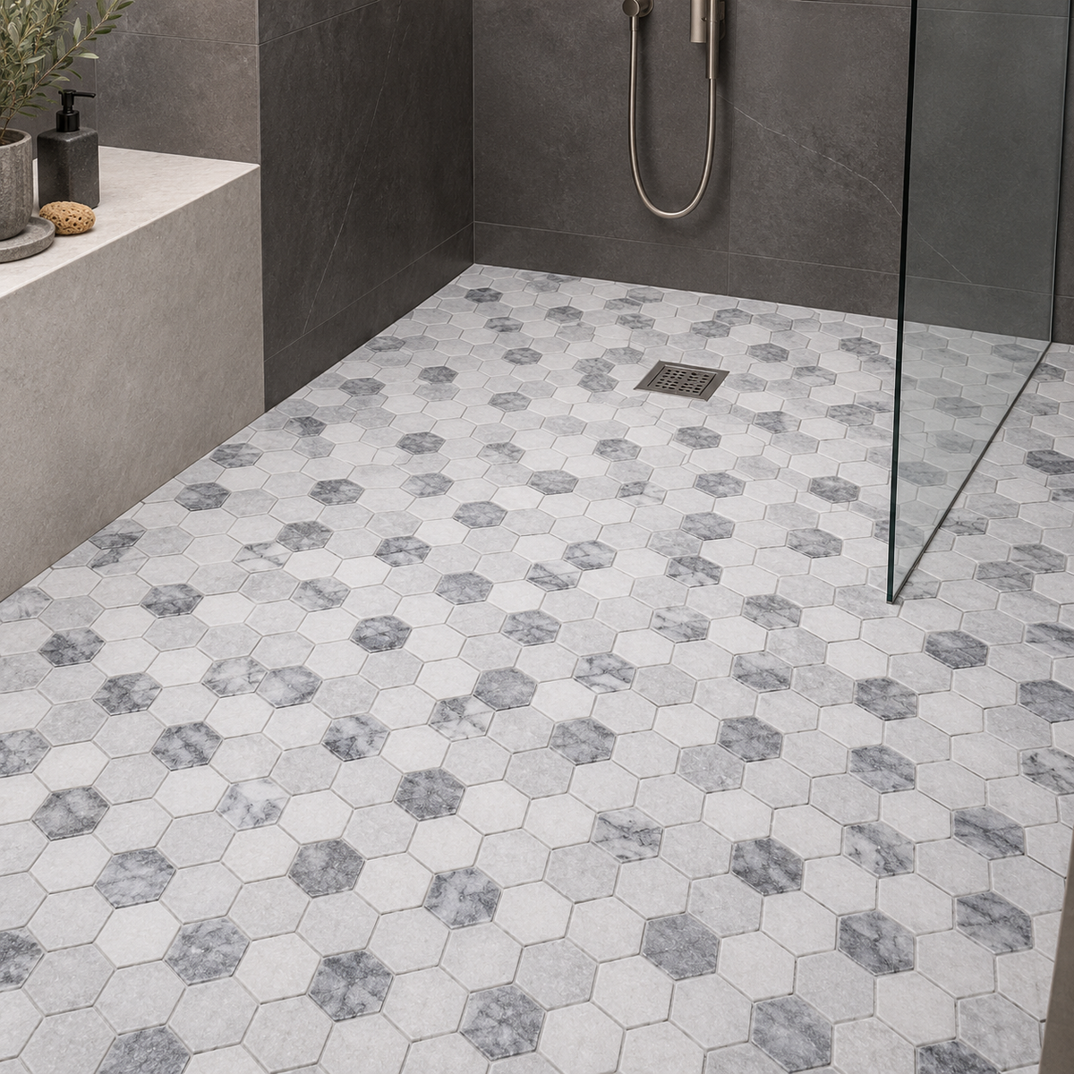 Carrara White - Platinum Grey Tumbled Marble Hexagon Mosaic Tiles 48x48 — installed as bathroom flooring