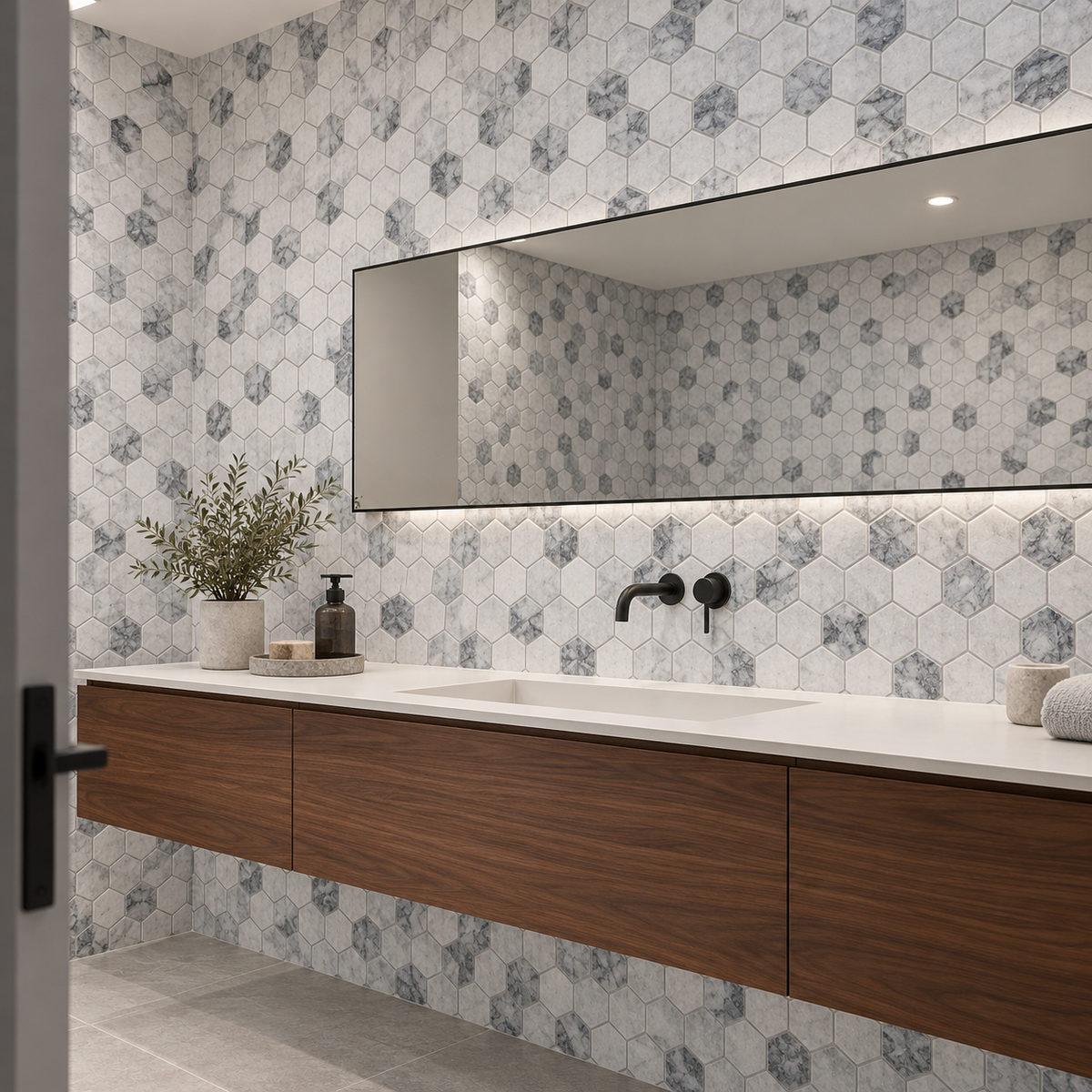 Carrara White - Platinum Grey Tumbled Marble Hexagon Mosaic Tiles 48x48 — installed on a windowless bathroom feature wall