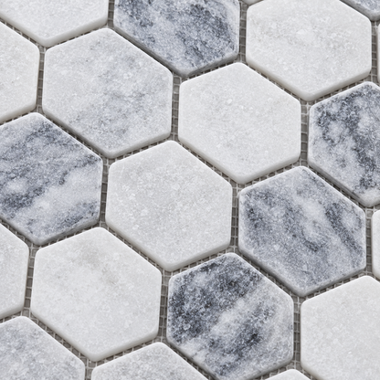 Carrara White - Platinum Grey Tumbled Marble Hexagon Mosaic Tiles 48x48 — close-up of the natural marble texture and chip layout