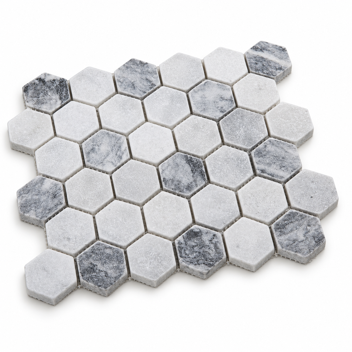 Carrara White - Platinum Grey Tumbled Marble Hexagon Mosaic Tiles 48x48 — angled sheet showing 10 mm marble edges and mesh backing