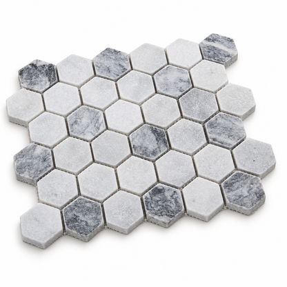 Carrara White - Platinum Grey Tumbled Marble Hexagon Mosaic Tiles 48x48 — angled sheet showing 10 mm marble edges and mesh backing