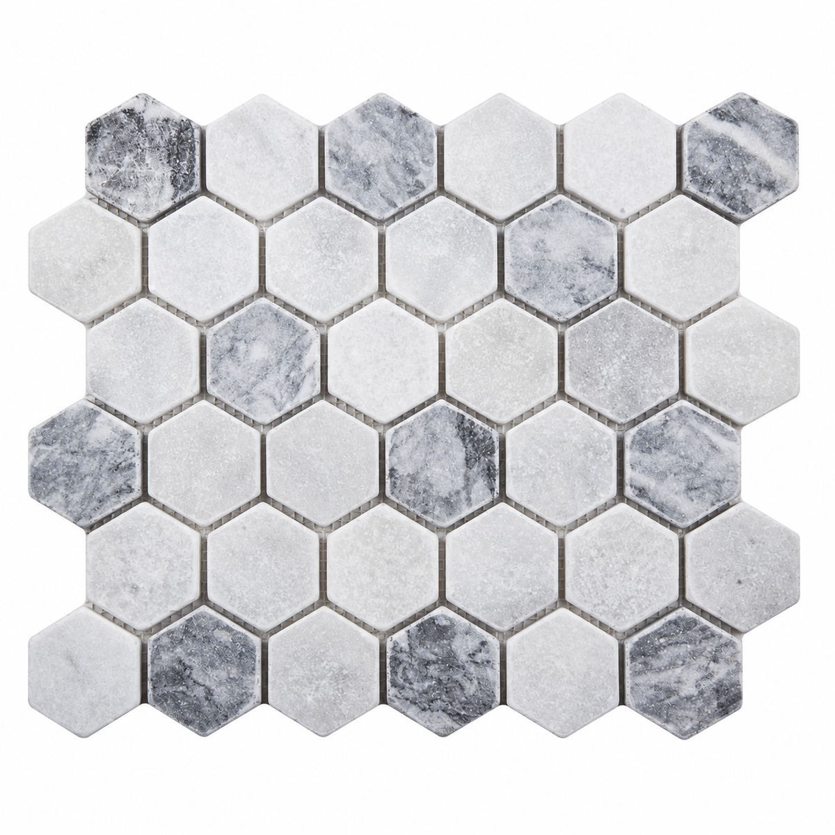 Carrara White - Platinum Grey Tumbled Marble Hexagon Mosaic Tiles 48x48 — full mesh-backed sheet on a white background