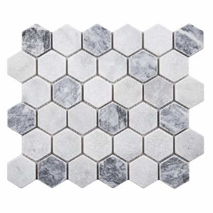 Carrara White - Platinum Grey Tumbled Marble Hexagon Mosaic Tiles 48x48 — full mesh-backed sheet on a white background