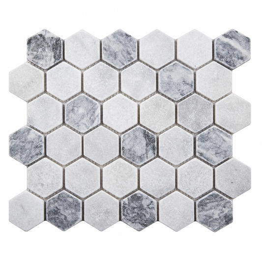 Carrara White - Platinum Grey Tumbled Marble Hexagon Mosaic Tiles 48x48 — full mesh-backed sheet on a white background