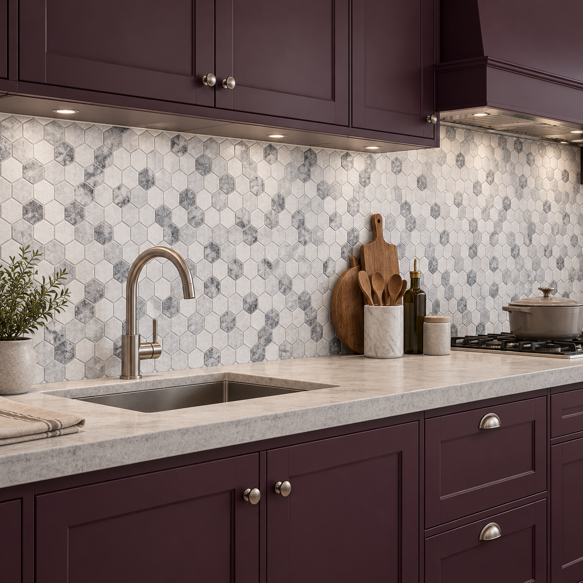 Carrara White - Platinum Grey Tumbled Marble Hexagon Mosaic Tiles 48x48 — installed as a kitchen splashback