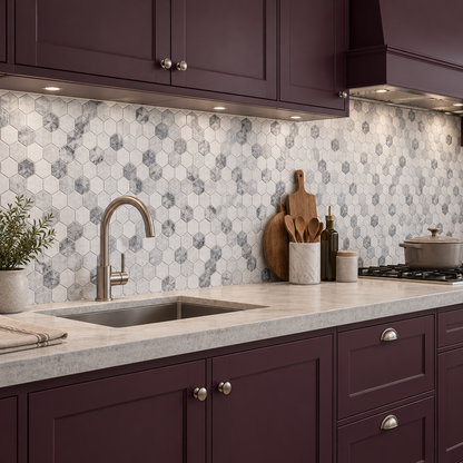 Carrara White - Platinum Grey Tumbled Marble Hexagon Mosaic Tiles 48x48 — installed as a kitchen splashback