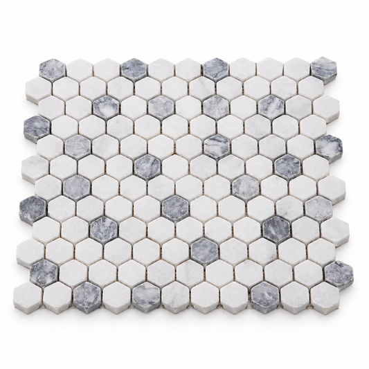 Carrara White - Platinum Grey Tumbled Marble Hexagon Mosaic Tiles — angled sheet showing 10 mm marble edges and mesh backing