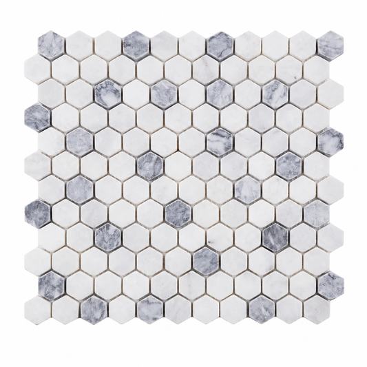 Carrara White - Platinum Grey Tumbled Marble Hexagon Mosaic Tiles — full mesh-backed sheet on a white background