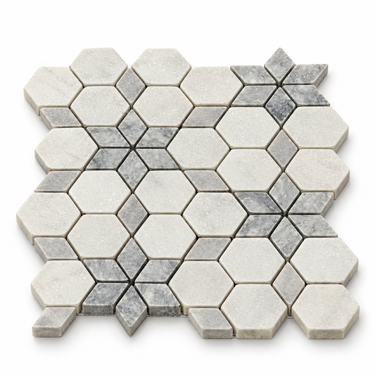 Carrara White - Platinum Grey Tumbled Marble Starline Mosaic Tiles — angled sheet showing 10 mm marble edges and mesh backing