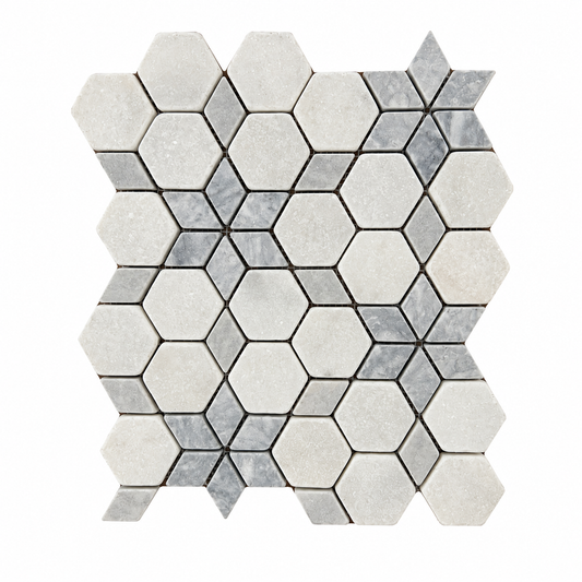 Carrara White - Platinum Grey Tumbled Marble Starline Mosaic Tiles — full mesh-backed sheet on a white background