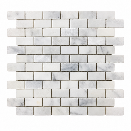 Carrara White Polished Marble Brick Mosaic Tiles — full mesh-backed mosaic sheet on a white background
