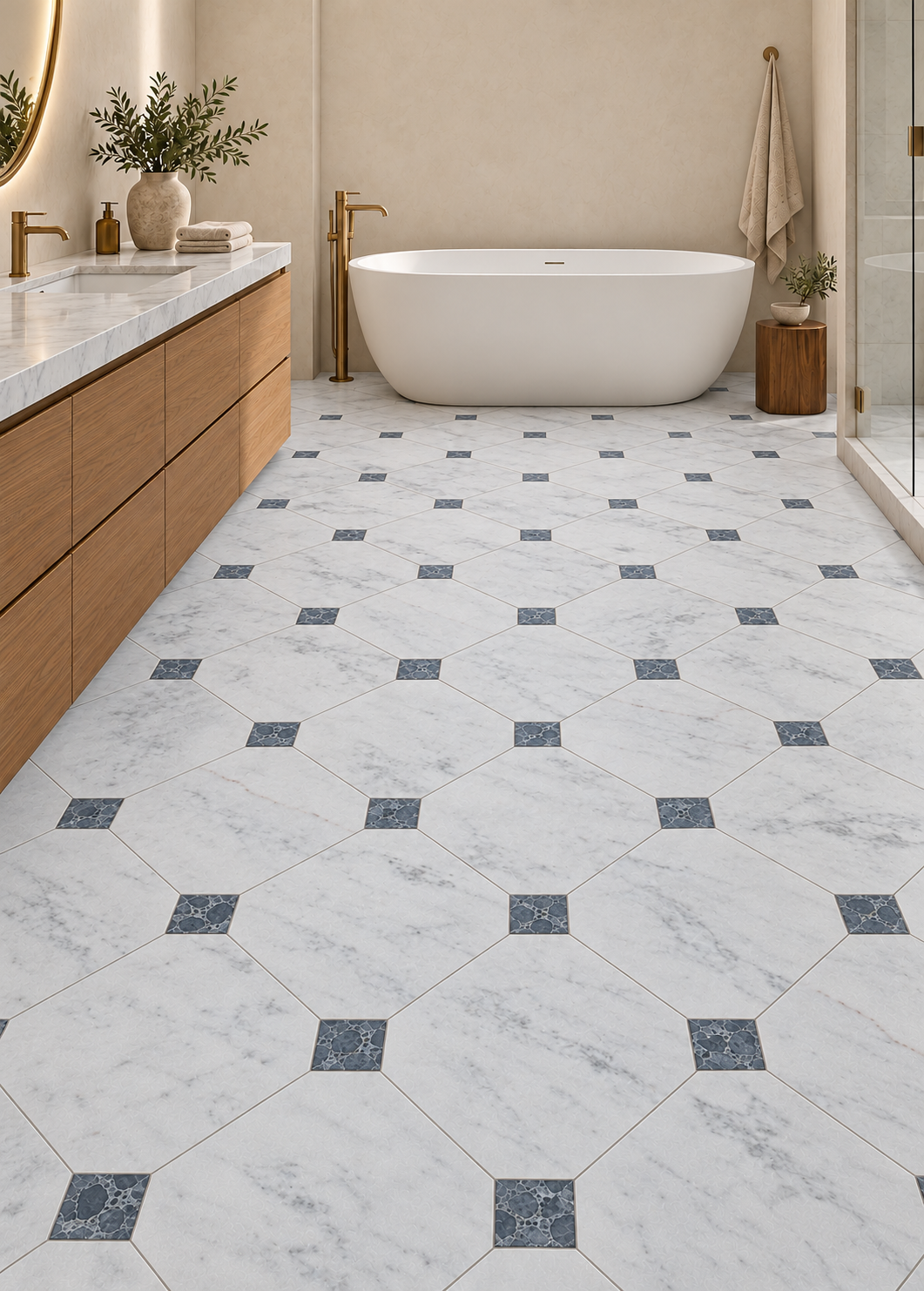 Carrara White Honed Marble Octagon Tiles: installed on a windowless bathroom floor with Selene Honed square inserts