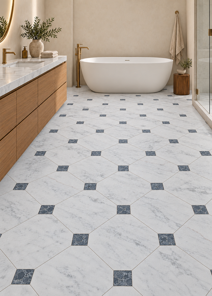Carrara White Honed Marble Octagon Tiles: installed on a windowless bathroom floor with Selene Honed square inserts