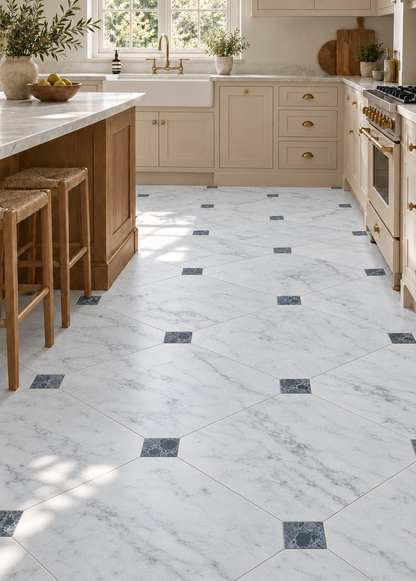 Carrara White Honed Marble Octagon Tiles: installed on a kitchen floor with distinct natural stone markings