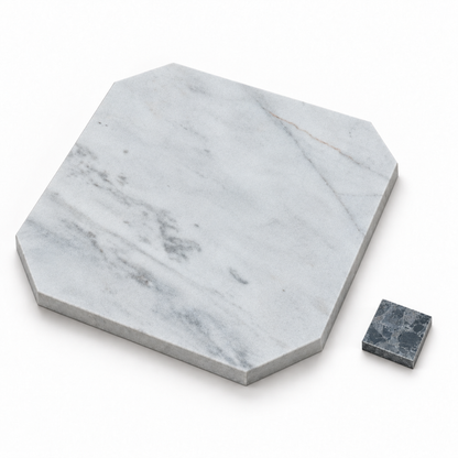 Carrara White Honed Marble Octagon Tiles: angled view showing the honed faces and raw sawn edges