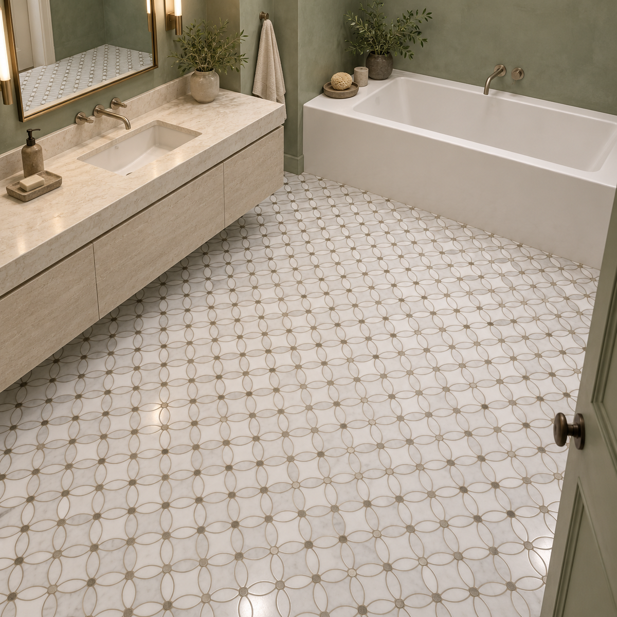 Carrara White- Silver Shadow Polished Marble Flower Mosaic Tiles — installed as bathroom mosaic flooring