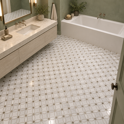 Carrara White- Silver Shadow Polished Marble Flower Mosaic Tiles — installed as bathroom mosaic flooring