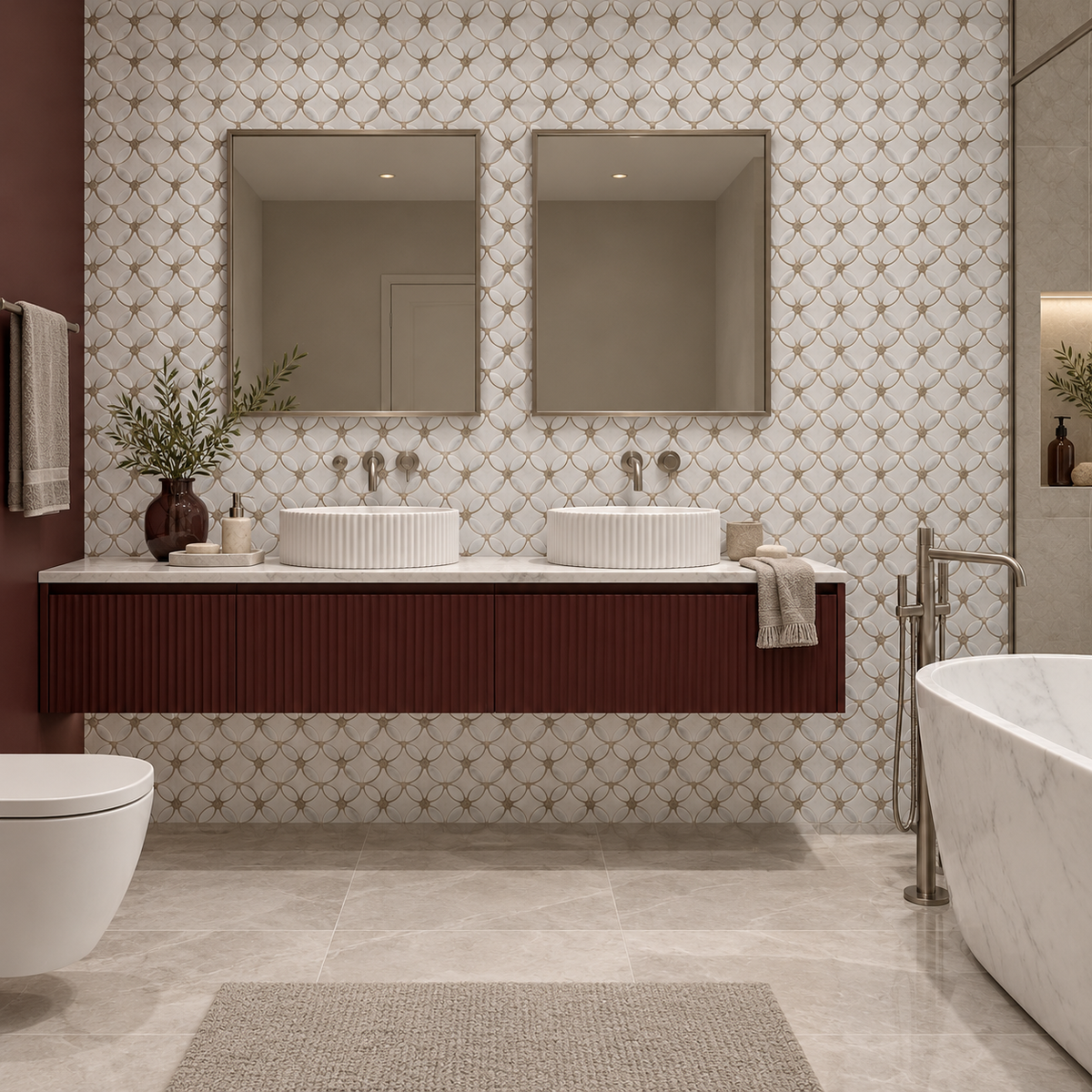 Carrara White- Silver Shadow Polished Marble Flower Mosaic Tiles — installed on a windowless bathroom feature wall