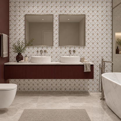 Carrara White- Silver Shadow Polished Marble Flower Mosaic Tiles — installed on a windowless bathroom feature wall