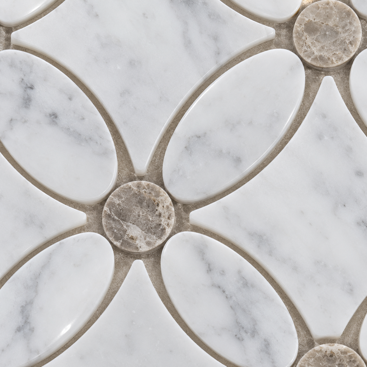 Carrara White- Silver Shadow Polished Marble Flower Mosaic Tiles — macro close-up of natural stone texture and mosaic detail