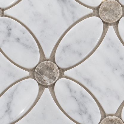 Carrara White- Silver Shadow Polished Marble Flower Mosaic Tiles — macro close-up of natural stone texture and mosaic detail