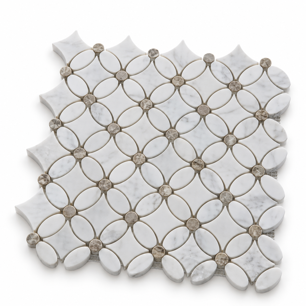 Carrara White- Silver Shadow Polished Marble Flower Mosaic Tiles — angled view of natural stone edges and mesh backing