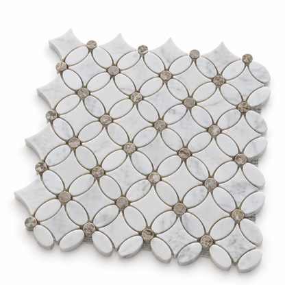 Carrara White- Silver Shadow Polished Marble Flower Mosaic Tiles — angled view of natural stone edges and mesh backing