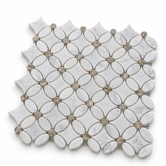 Carrara White- Silver Shadow Polished Marble Flower Mosaic Tiles — angled view of natural stone edges and mesh backing