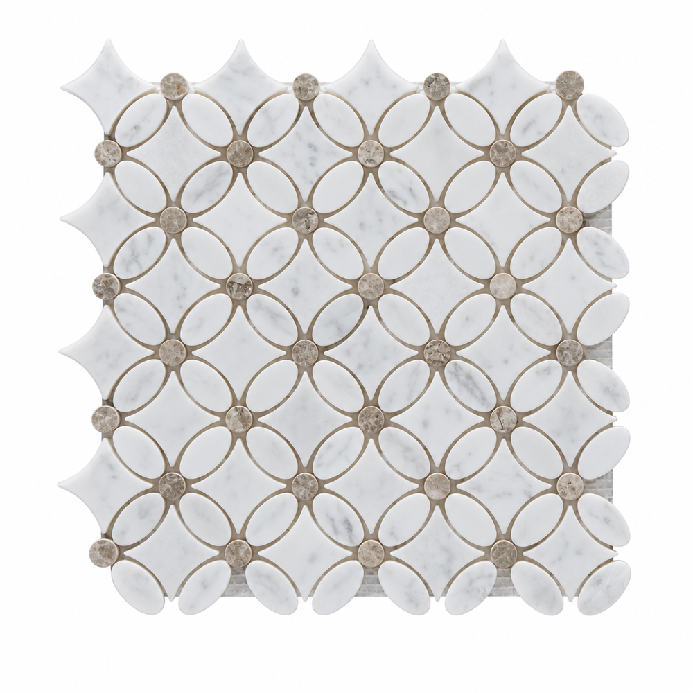 Carrara White- Silver Shadow Polished Marble Flower Mosaic Tiles — full mesh-backed sheet on a white background