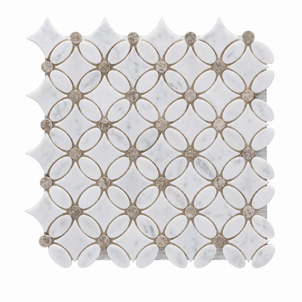 Carrara White- Silver Shadow Polished Marble Flower Mosaic Tiles — full mesh-backed sheet on a white background