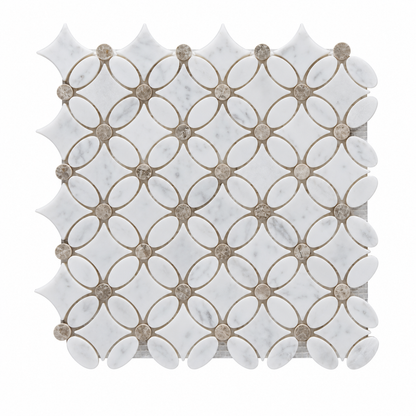 Carrara White- Silver Shadow Polished Marble Flower Mosaic Tiles — full mesh-backed sheet on a white background