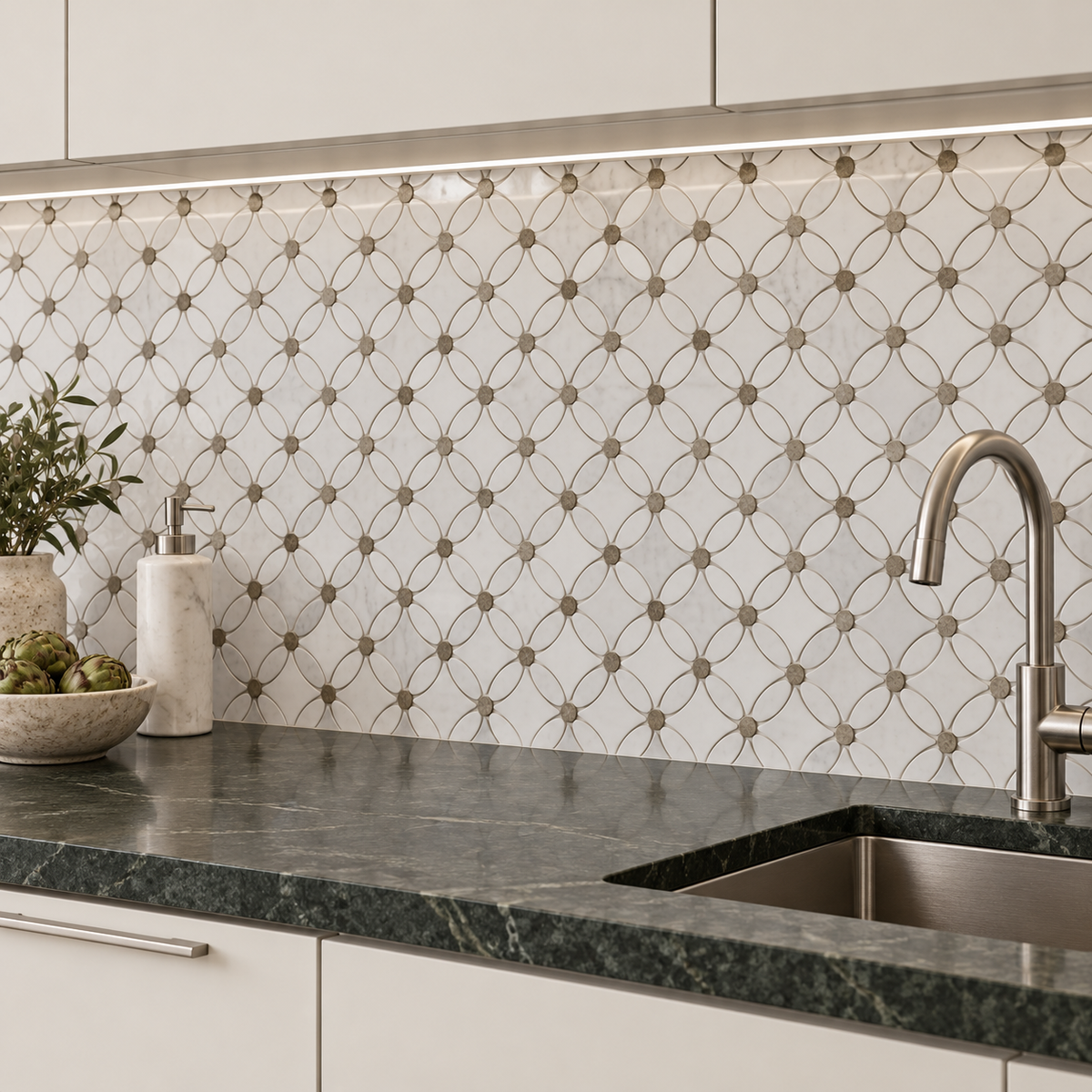Carrara White- Silver Shadow Polished Marble Flower Mosaic Tiles — installed as a kitchen mosaic splashback