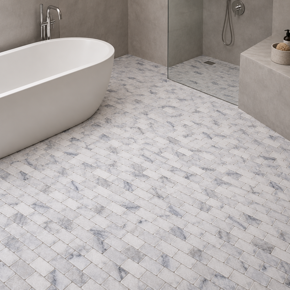 Carrara White Tumbled Marble Brick Mosaic Tile 50x100 — installed as bathroom mosaic flooring