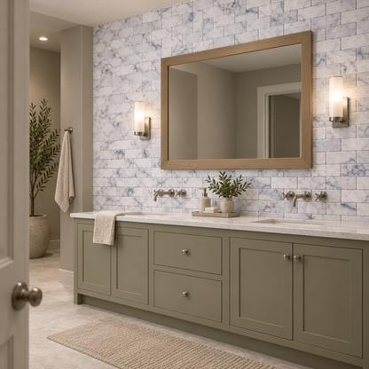 Carrara White Tumbled Marble Brick Mosaic Tile 50x100 — installed on a windowless bathroom feature wall