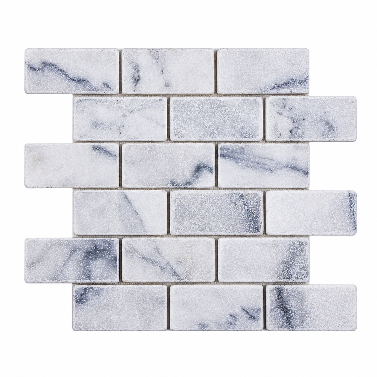 Carrara White Tumbled Marble Brick Mosaic Tile 50x100 — full mesh-backed mosaic sheet on a white background