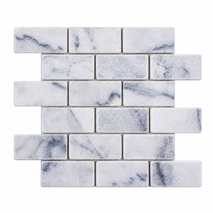 Carrara White Tumbled Marble Brick Mosaic Tile 50x100 — full mesh-backed mosaic sheet on a white background