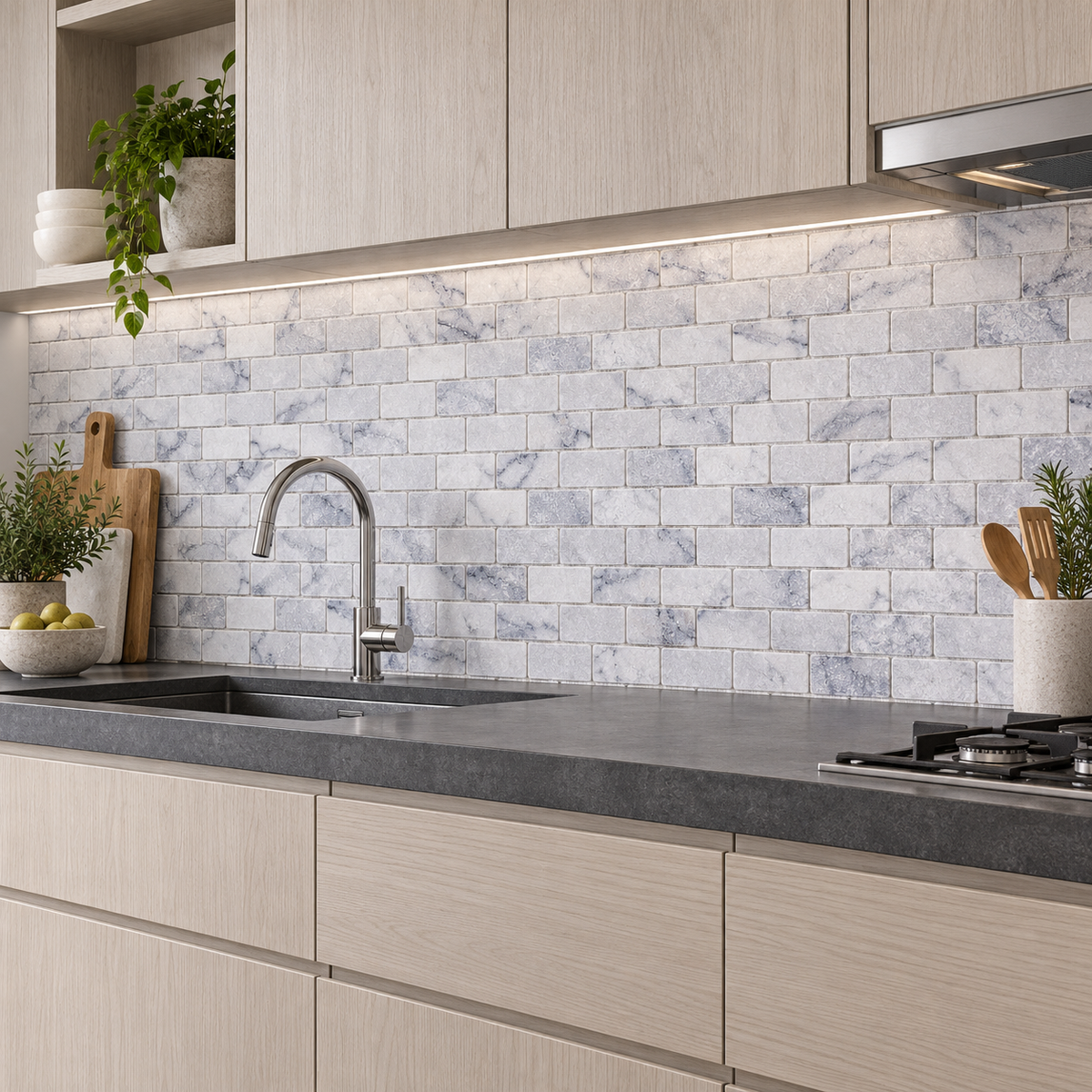 Carrara White Tumbled Marble Brick Mosaic Tile 50x100 — installed as a kitchen mosaic splashback